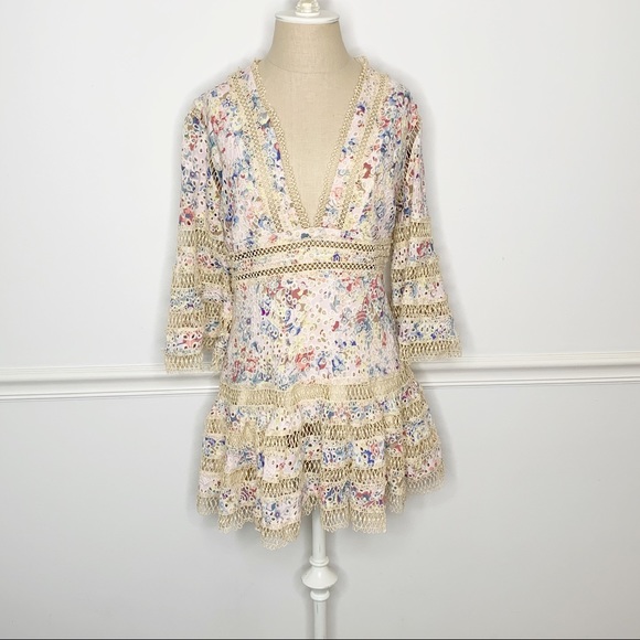 Athina Dresses & Skirts - Floral Boho Crochet Bell Sleeve Low Cut Mini Dress